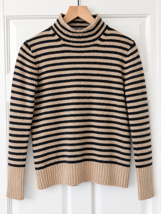 J. Crew Sweaters - JCrew Roll Neck Wool Cashmere Blend Striped Sweater in Beige and Black